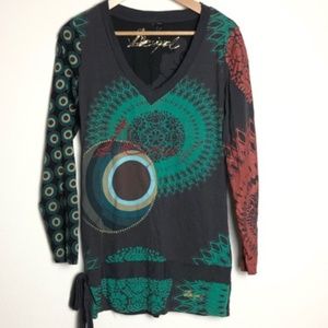 DESIGUAL Side-Tie Peacock V-Neck Tunic Shirt
